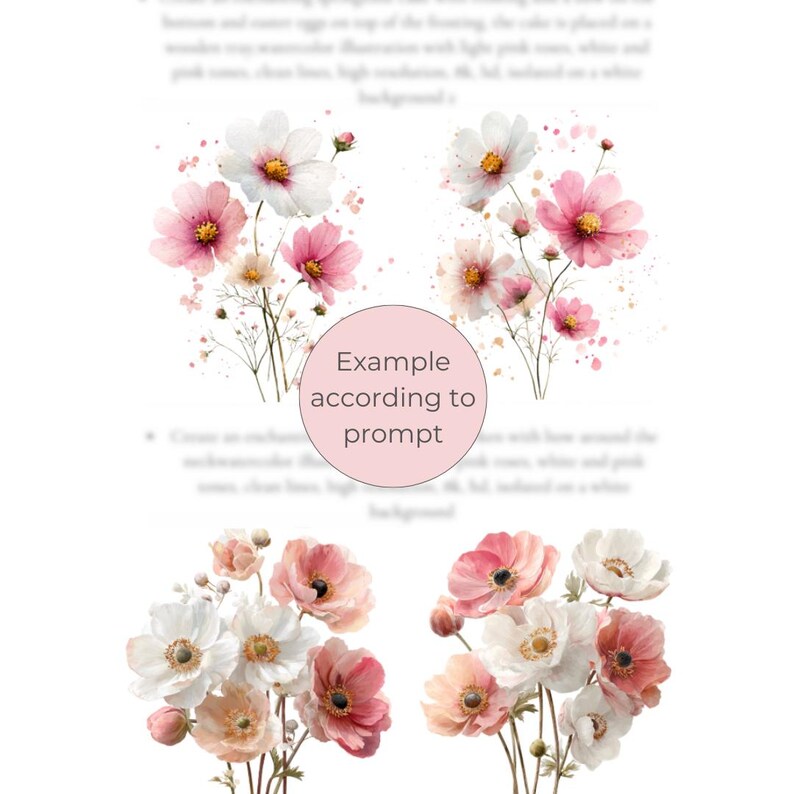 May include: Watercolor illustration of cosmos and anemone flowers in shades of pink, white, and yellow. The flowers have delicate petals and are arranged in bouquets. The background is white with soft watercolor splatters.