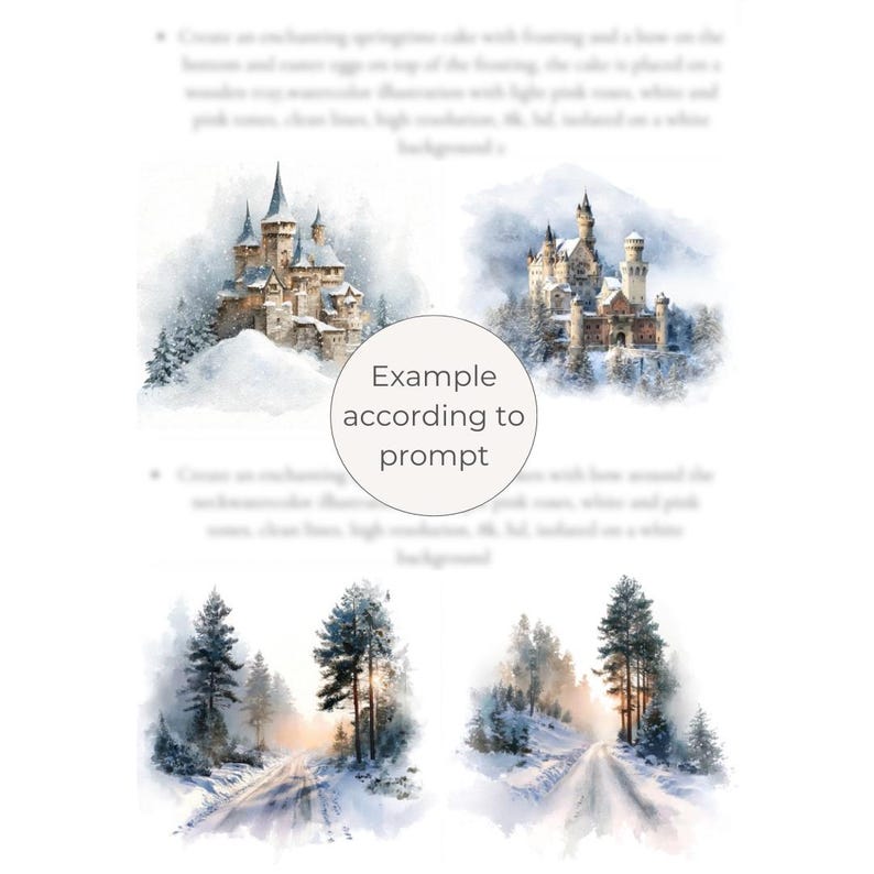 May include: Watercolor illustrations of castles and a snowy forest scene. The castles are depicted with intricate details, set against a backdrop of snow-covered mountains and trees. The forest scene shows a snow-covered road with trees on either side.
