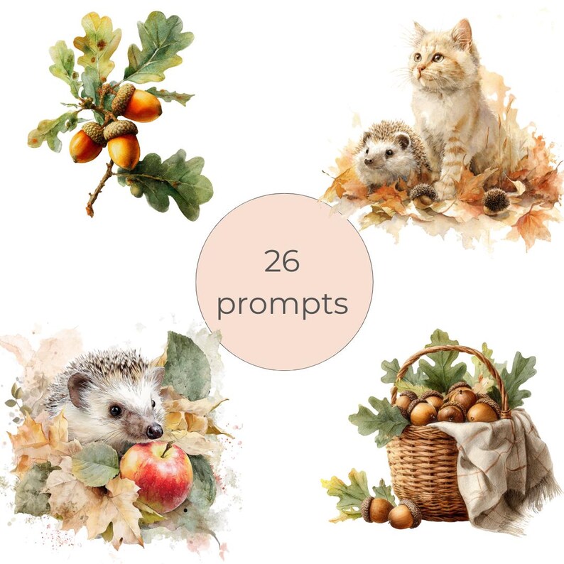 May include: A watercolour illustration featuring autumn imagery: acorns, oak leaves, a hedgehog, a cat, and a basket. The image includes the text "26 prompts" within a circular design, possibly for creative inspiration or design ideas.