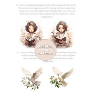 May include: Watercolor illustrations of a person with a lamb and a book, and two white doves with roses. The images are set against a white background with text at the top and a circular text overlay that reads "EXAMPLE ACCORDING TO PROMT".