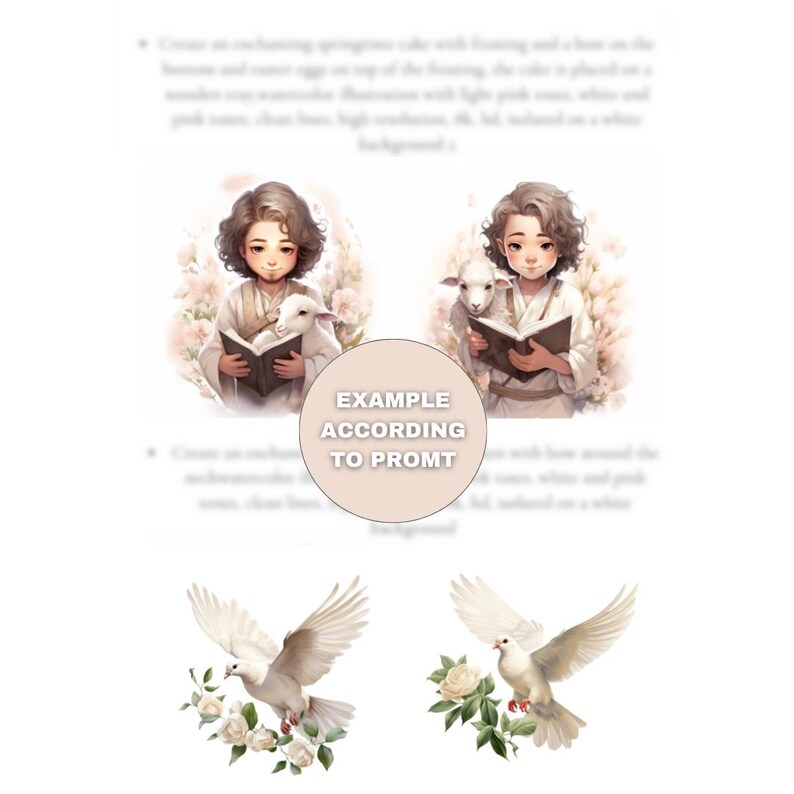 May include: Watercolor illustrations of a person with a lamb and a book, and two white doves with roses. The images are set against a white background with text at the top and a circular text overlay that reads "EXAMPLE ACCORDING TO PROMT".