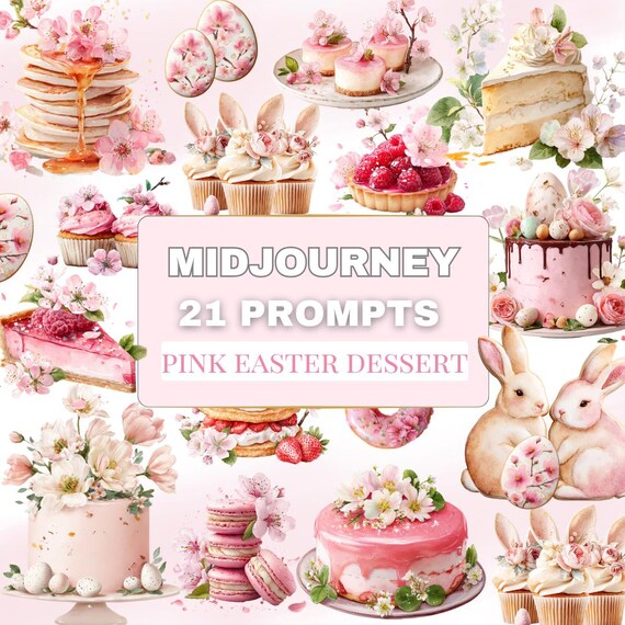 Pink Easter Desserts Midjourney Prompts: Watercolor Cakes (Set 21)