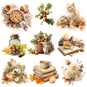 May include: A watercolour illustration featuring autumnal themes. It includes a pie, apples, acorns, a cat, a hedgehog, a basket, a jar, a cup of tea, a candle, a book, and flowers. The colour scheme uses warm browns, oranges, and beige.