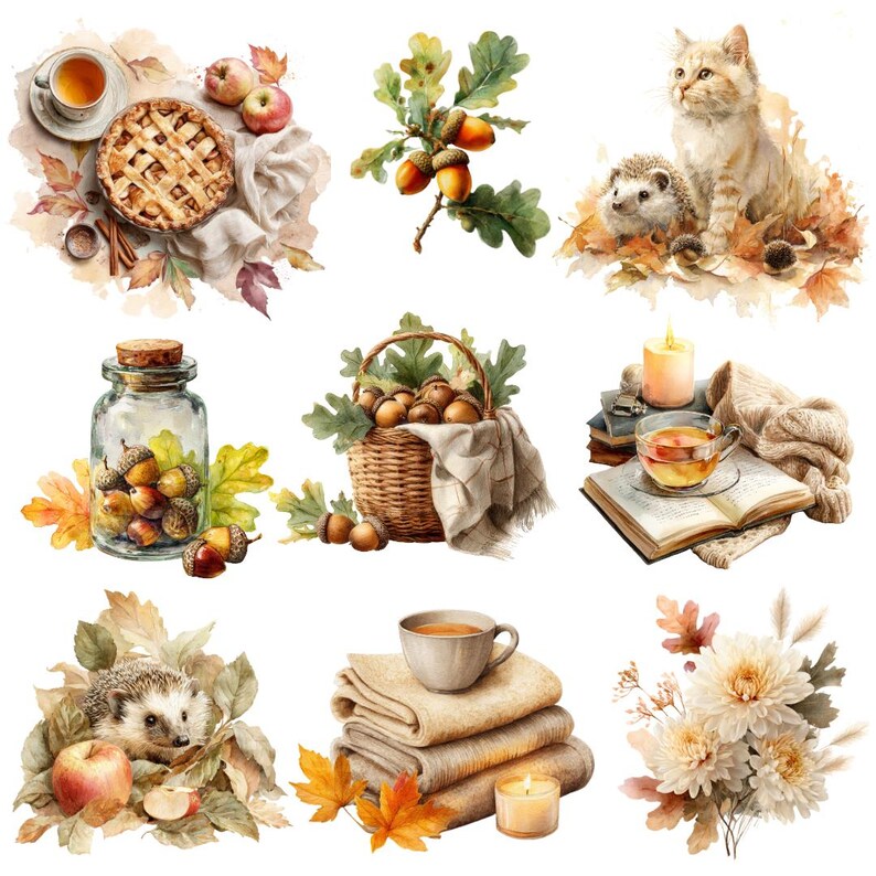 May include: A watercolour illustration featuring autumnal themes. It includes a pie, apples, acorns, a cat, a hedgehog, a basket, a jar, a cup of tea, a candle, a book, and flowers. The colour scheme uses warm browns, oranges, and beige.