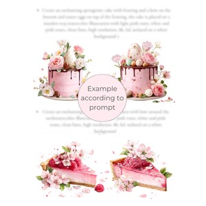 May include: Watercolor illustration of two pink cakes with chocolate drips, decorated with flowers and Easter eggs. Below, two slices of pink raspberry tarts with flowers. The image includes the text "Example according to prompt".