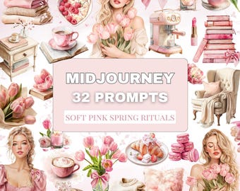 Soft Pink Spring Rituals – 32 Midjourney Prompts | Feminine Watercolor Aesthetic | Pink & Beige Spring Style