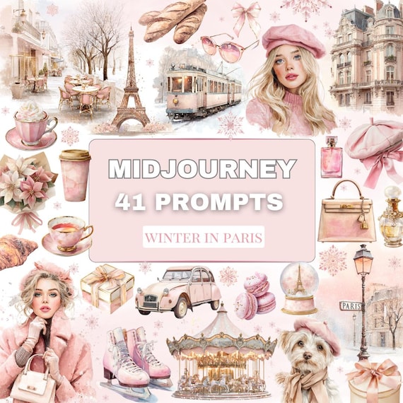 Winter in Paris Midjourney Prompts | Paris Aesthetic Women Clipart | Pink Beige Luxury Paris AI Prompts Pack Paris clipart png/ Paris theme