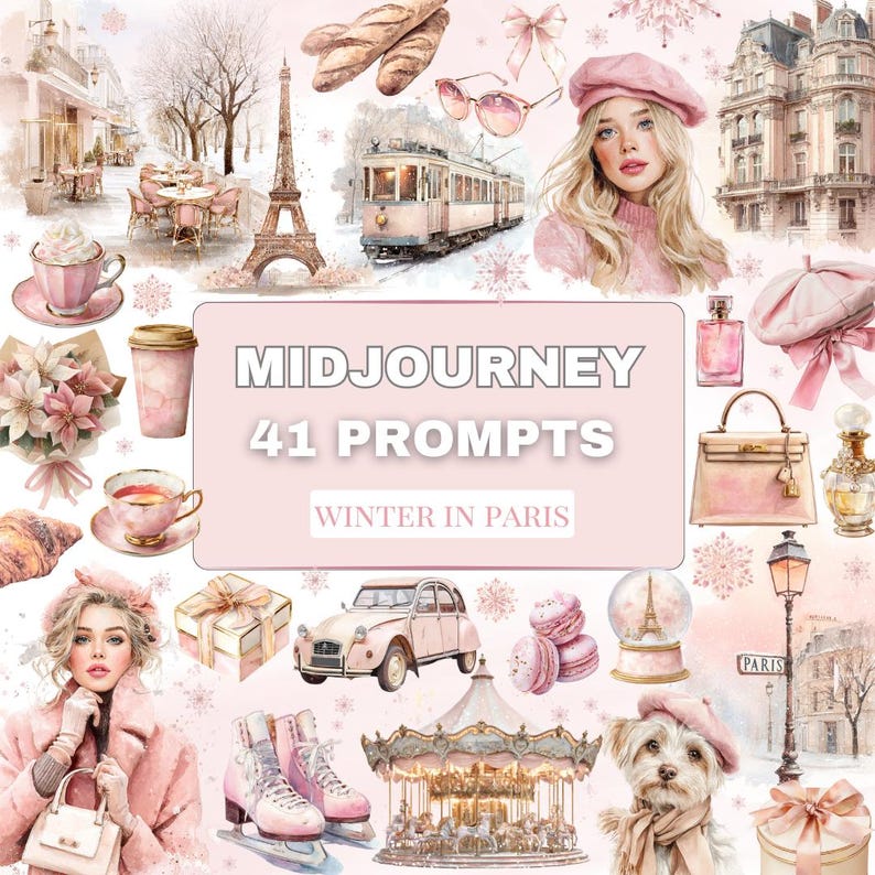 Peut inclure: Illustration &agrave; l'aquarelle sur le th&egrave;me du rose, avec des monuments parisiens et des sc&egrave;nes d'hiver. Comprend la Tour Eiffel, un carrousel, une voiture vintage et une femme portant un b&eacute;ret rose. Le texte indique "MIDJOURNEY 41 PROMPTS WINTER IN PARIS."