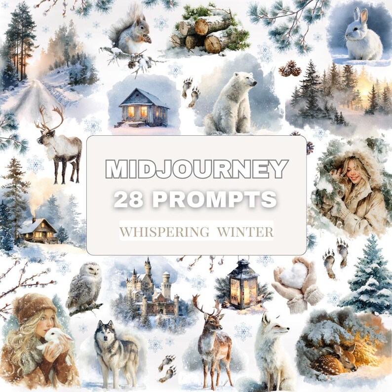 May include: A collection of watercolor illustrations with a winter theme. The images include a snowy road, a cabin, a polar bear, a rabbit, a deer, a wolf, and a fox. The text "MIDJOURNEY 28 PROMPTS WHISPERING WINTER" is displayed.