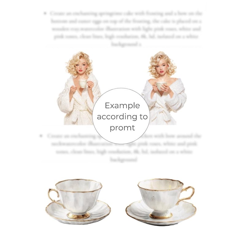 May include: Two white teacups and saucers with gold trim are displayed. The teacups have a classic design with a delicate handle. The saucers have a scalloped edge. The image also includes a blurred image of a woman.