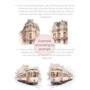 Peut inclure: Illustrations &agrave; l'aquarelle d'architecture et de tramways europ&eacute;ens. L'image pr&eacute;sente deux dessins d&eacute;taill&eacute;s de b&acirc;timents et deux dessins de tramways. Le texte de l'image dit "Example according to prompt". Les illustrations sont dans des tons rose et beige doux.