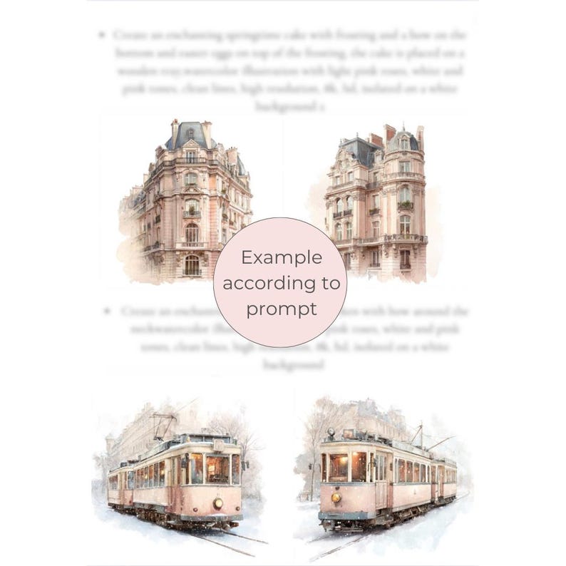 Peut inclure: Illustrations &agrave; l'aquarelle d'architecture et de tramways europ&eacute;ens. L'image pr&eacute;sente deux dessins d&eacute;taill&eacute;s de b&acirc;timents et deux dessins de tramways. Le texte de l'image dit "Example according to prompt". Les illustrations sont dans des tons rose et beige doux.