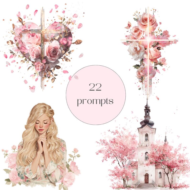 May include: Digital art featuring a cross adorned with pink roses and gold accents, a heart-shaped floral arrangement, a church, and a woman with blonde hair. The image includes the text "22 prompts" in a pink circle.