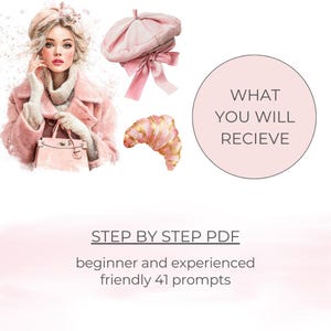 Peut inclure: Illustration &agrave; l'aquarelle d'une femme en manteau rose, b&eacute;ret et tenant un sac &agrave; main. Un b&eacute;ret rose avec un n&oelig;ud et un croissant sont &eacute;galement pr&eacute;sent&eacute;s. Le texte indique "WHAT YOU WILL RECIEVE" et "STEP BY STEP PDF".