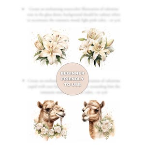 May include: Watercolor illustrations of white lilies and camels with floral accents. The image includes the text "BEGINNER FRIENDLY TO USE" in a circular design. The overall theme is floral and animal-themed art.