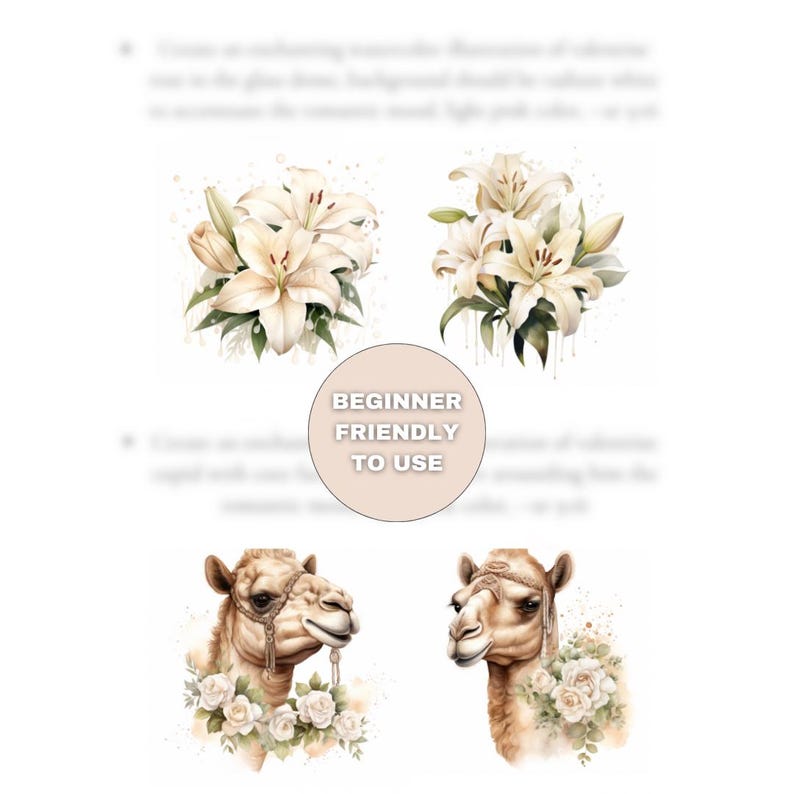 May include: Watercolor illustrations of white lilies and camels with floral accents. The image includes the text "BEGINNER FRIENDLY TO USE" in a circular design. The overall theme is floral and animal-themed art.