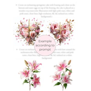 May include: Watercolor illustrations of pink flowers and floral heart designs with gold accents. The image includes lilies and heart-shaped arrangements of roses and peonies, with the text "Example according to prompt".