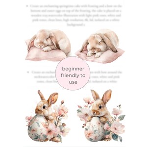 Peut inclure: Illustrations &agrave; l'aquarelle de lapins endormis sur des oreillers roses et de lapins avec des &oelig;ufs de P&acirc;ques et des fleurs. Le texte "beginner friendly to use" est dans un cercle rose.