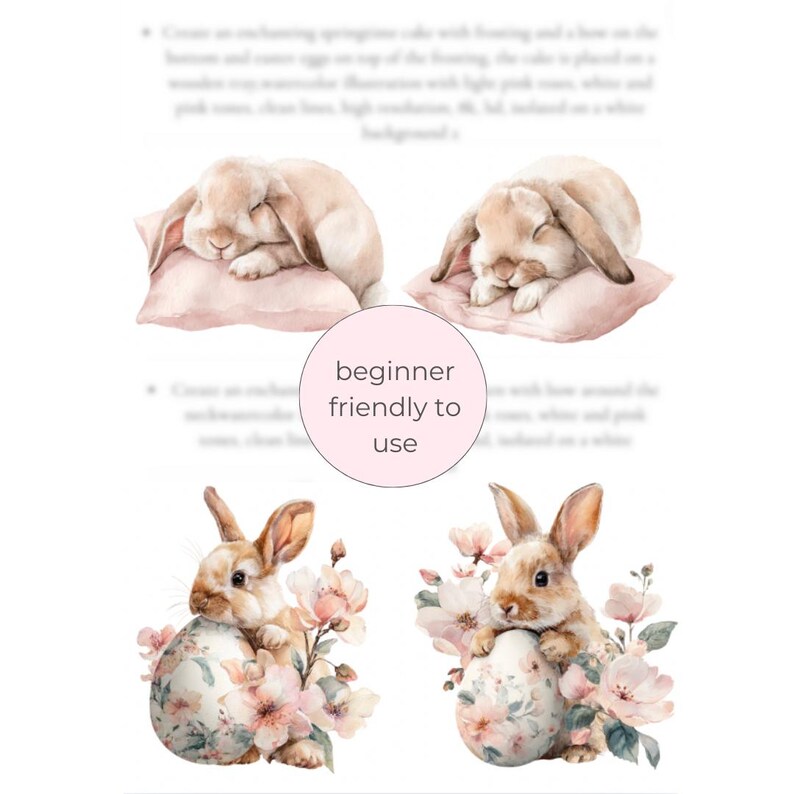 Peut inclure: Illustrations &agrave; l'aquarelle de lapins endormis sur des oreillers roses et de lapins avec des &oelig;ufs de P&acirc;ques et des fleurs. Le texte "beginner friendly to use" est dans un cercle rose.