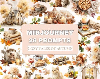 Cozy Autumn Midjourney Prompts – 26 Fall Watercolor Clipart Scenes