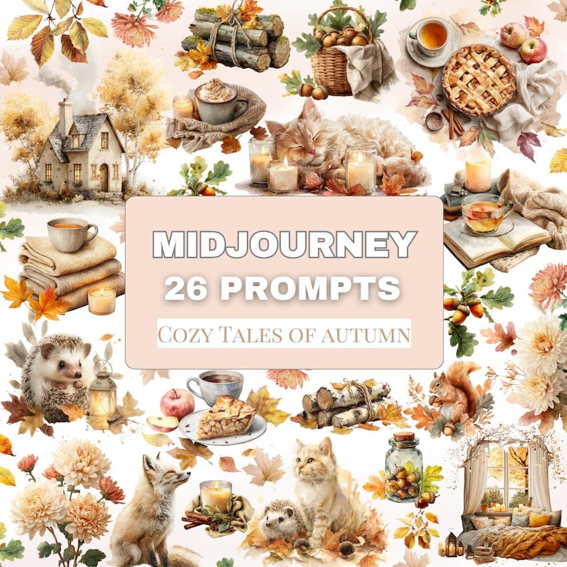 May include: A digital artwork with an autumnal theme, featuring illustrations of a house, animals, food, and fall foliage. Text on a central banner reads "MIDJOURNEY 26 PROMPTS COZY TALES OF AUTUMN."