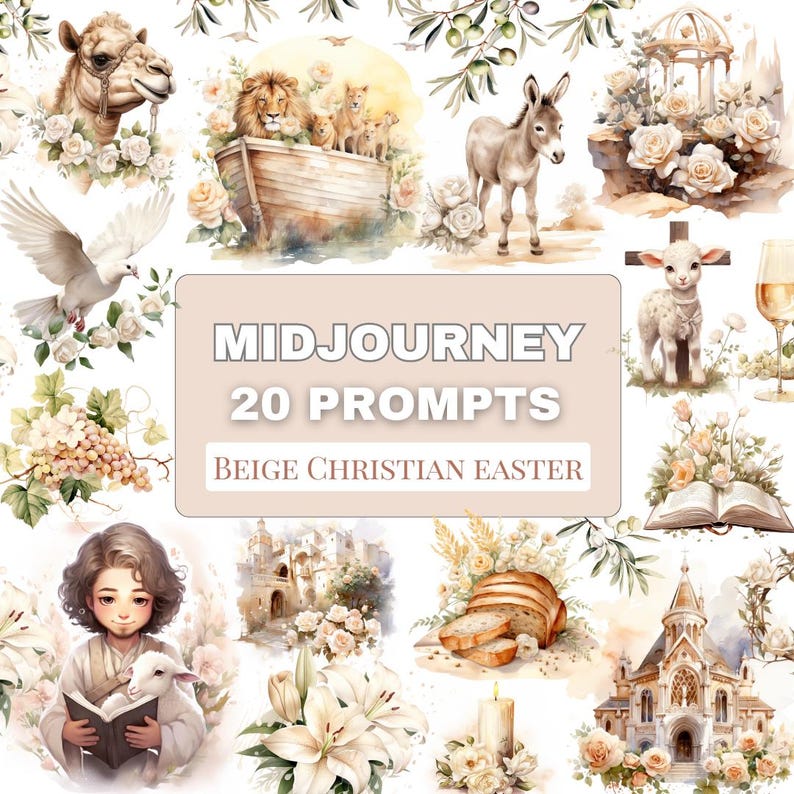 May include: A collection of watercolor illustrations with a beige Christian Easter theme. The images include a camel, a lion family in a boat, a donkey, a dove, a lamb, a church, and the text "MIDJOURNEY 20 PROMPTS BEIGE CHRISTIAN EASTER."