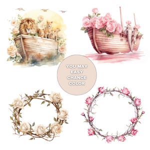 May include: Watercolor illustrations featuring a lion and cubs in a boat, an elephant in a boat filled with pink roses, and two floral wreaths. The text "YOU MAY EASY CHANCE COLOR" is in a circle.