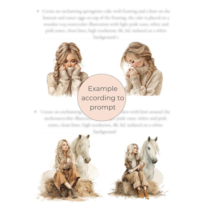 May include: Watercolor illustrations of women with blonde hair, wearing beige sweaters and sitting with a white horse. The images are set against a white background. The text "Example according to prompt" is in a circle.