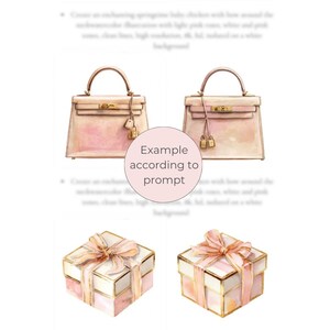 Peut inclure: Illustration &agrave; l'aquarelle de deux sacs &agrave; main roses avec des d&eacute;tails dor&eacute;s et des breloques en forme de cadenas. En dessous, deux coffrets cadeaux avec ruban rose et bordure dor&eacute;e. Esth&eacute;tique douce et f&eacute;minine.