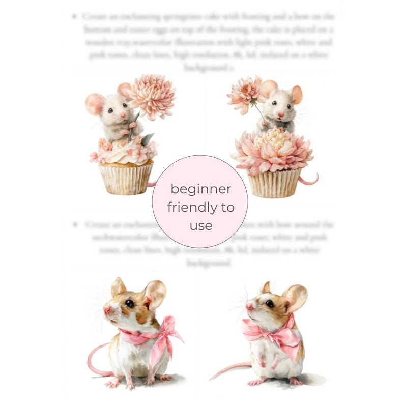 Peut inclure: Illustrations &agrave; l'aquarelle de souris avec des n&oelig;uds et des fleurs roses. Certaines souris sont sur des cupcakes avec du gla&ccedil;age et des fleurs roses. L'image comprend le texte "beginner friendly to use" dans un cercle rose.