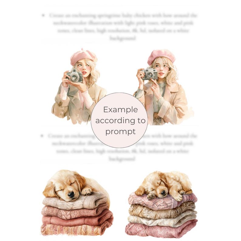May include: Watercolor illustration featuring two women with cameras, wearing pink berets and coats. Below, a sleeping golden retriever puppy rests on a stack of pink and beige sweaters. The image has a soft, pastel color palette.