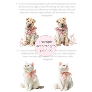 Peut inclure: Illustrations &agrave; l'aquarelle d'un chiot Shar Pei et d'un chat blanc, chacun orn&eacute; d'un n&oelig;ud rose. Le chiot et le chat sont plac&eacute;s sur un fond blanc, avec des accents floraux.