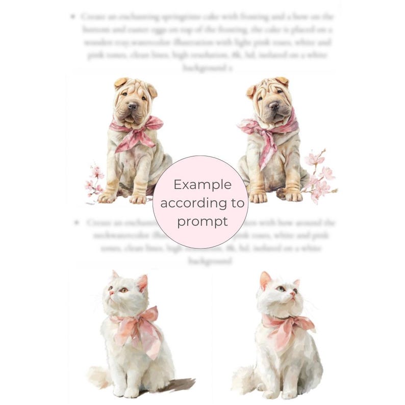 Peut inclure: Illustrations &agrave; l'aquarelle d'un chiot Shar Pei et d'un chat blanc, chacun orn&eacute; d'un n&oelig;ud rose. Le chiot et le chat sont plac&eacute;s sur un fond blanc, avec des accents floraux.