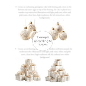 May include: White and gold Christmas ornaments with intricate designs hang from above. Below, two stacks of white gift boxes tied with cream-colored ribbons are arranged on a white background. The image has a festive, holiday theme.