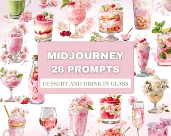 Invitations à dessert et à boire à l'aquarelle à mi-parcours – 26 desserts élégants en verre, boissons florales, esthétique de luxe, printemps, printemps, Pâques