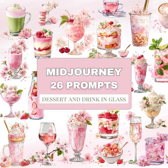Midjourney Watercolor Dessert & Drink Prompts – 26 Elegant Glass Desserts, Floral Drinks, Luxury Aesthetic, Spring, Springtime, Easter