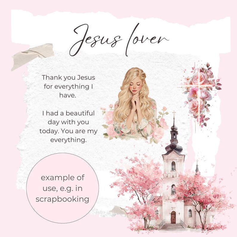 May include: A digital art design with the text "Jesus lover." The image features a watercolor illustration of a woman with blonde hair, a church, a cross, and pink floral elements. Text includes phrases of gratitude and an example of use.