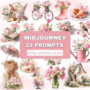 May include: A collection of watercolor illustrations with a pink theme. Includes a pink bicycle with a flower basket, a picnic basket, tulips in a pink boot, a teacup, a hat, and the text "MIDJOURNEY 22 PROMPTS PINK SPRING COZY."