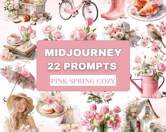Pink Spring Cozy Midjourney Prompts/22 Aesthetic Spring Prompts for Flowers,Food,Picnic,Home Decor,Easter Vibes/Romantic Pink Midjourney Set