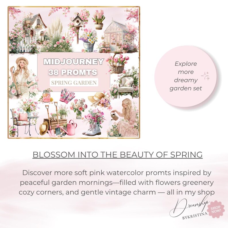 May include: A digital art collection titled "Midjourney Spring Garden" featuring watercolor illustrations of garden elements. The image includes a variety of pink flowers, gardening tools, and a woman in a dress. Text reads "Blossom into the Beauty of Spring."