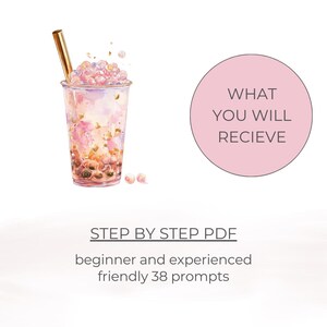 Puede incluir: Ilustraci&oacute;n en acuarela de una bebida de t&eacute; de burbujas en un vaso de pl&aacute;stico transparente con una pajita dorada. La bebida tiene perlas de tapioca rosas y marrones y un l&iacute;quido rosa-p&uacute;rpura. Un c&iacute;rculo rosa con el texto "WHAT YOU WILL RECIEVE" est&aacute; a la derecha. Texto "STEP BY STEP PDF" debajo.