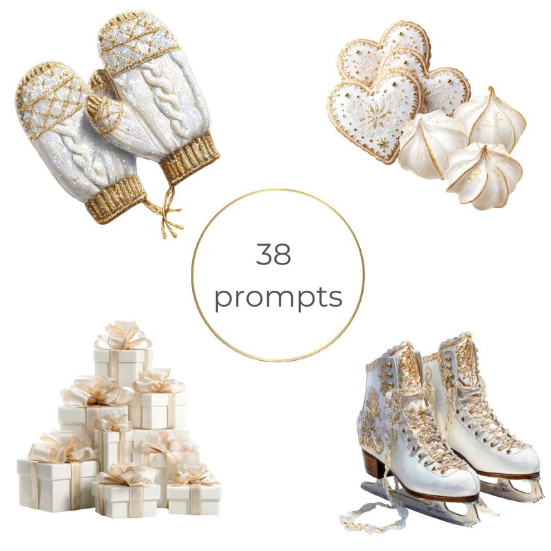 May include: An assortment of winter-themed items, including white mittens with gold accents, heart-shaped cookies, meringue cookies, a stack of white gift boxes with cream-colored bows, and white ice skates with gold embellishments. The image includes the text "38 prompts".