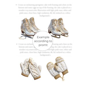 May include: Two pairs of white ice skates with gold accents and decorative detailing. Below, two pairs of white knitted mittens with gold trim are displayed. The image is set against a white background.