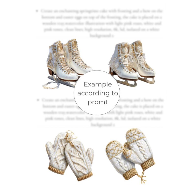 May include: Two pairs of white ice skates with gold accents and decorative detailing. Below, two pairs of white knitted mittens with gold trim are displayed. The image is set against a white background.