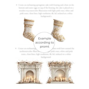 May include: Two white Christmas stockings with gold embroidery and trim. The stockings are decorated with ornate floral patterns. Below are two white fireplace mantels with lit candles and floral arrangements.