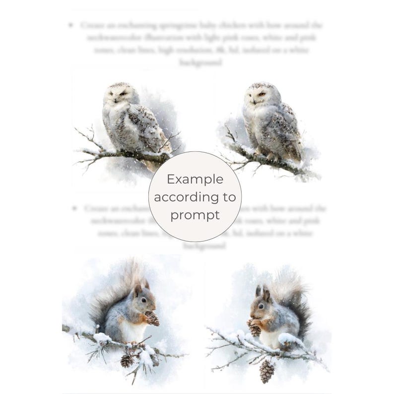 May include: Watercolor illustrations of a snowy owl perched on a branch and two squirrels with pine cones in a snowy setting. The text in the image says "Example according to prompt".