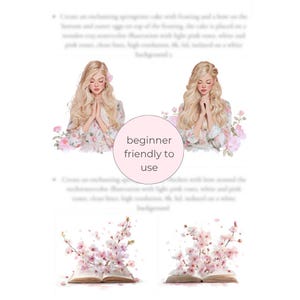 May include: Watercolor illustrations featuring a blonde woman with hands clasped in prayer, surrounded by pink flowers. The text "beginner friendly to use" is in a pink circle. Below are illustrations of open books with pink cherry blossoms.