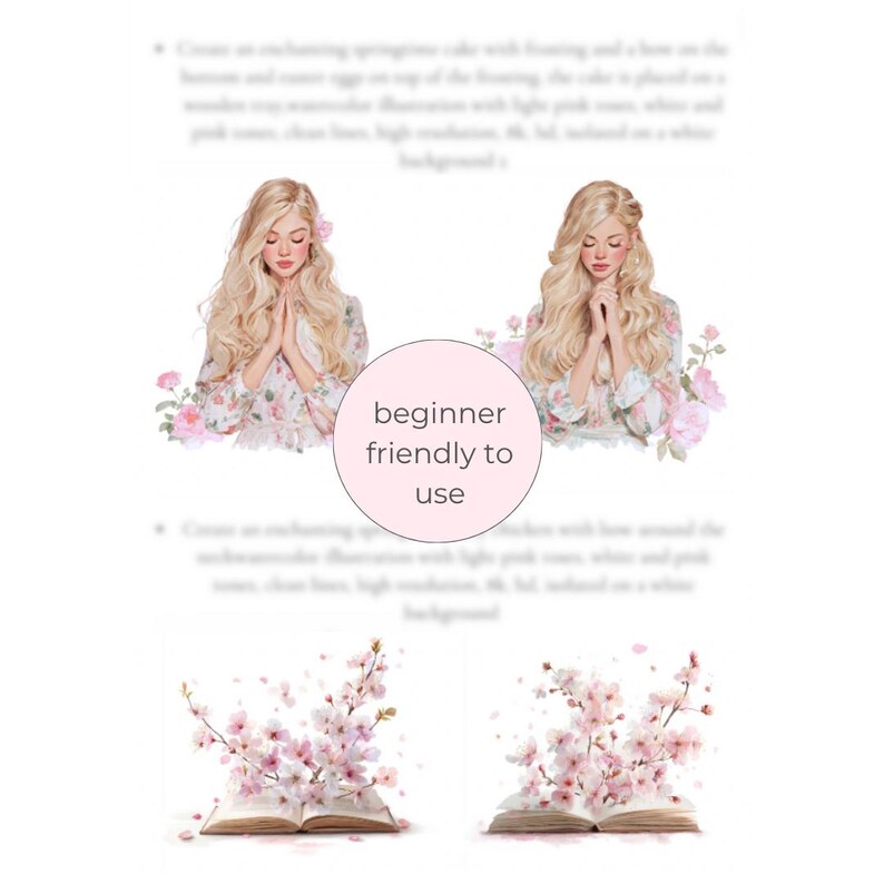 May include: Watercolor illustrations featuring a blonde woman with hands clasped in prayer, surrounded by pink flowers. The text "beginner friendly to use" is in a pink circle. Below are illustrations of open books with pink cherry blossoms.