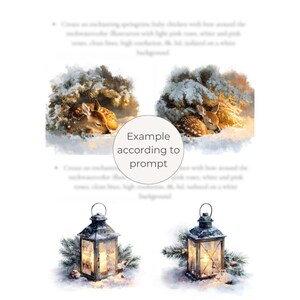 May include: Watercolor illustrations of a sleeping fawn nestled in snow-covered foliage. The image features soft lighting and a wintery theme. Below are two decorative lanterns with lit candles, surrounded by pine branches and snow.