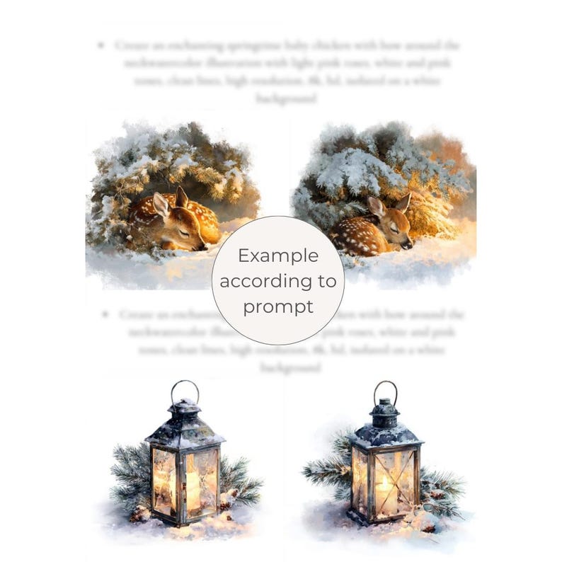 May include: Watercolor illustrations of a sleeping fawn nestled in snow-covered foliage. The image features soft lighting and a wintery theme. Below are two decorative lanterns with lit candles, surrounded by pine branches and snow.